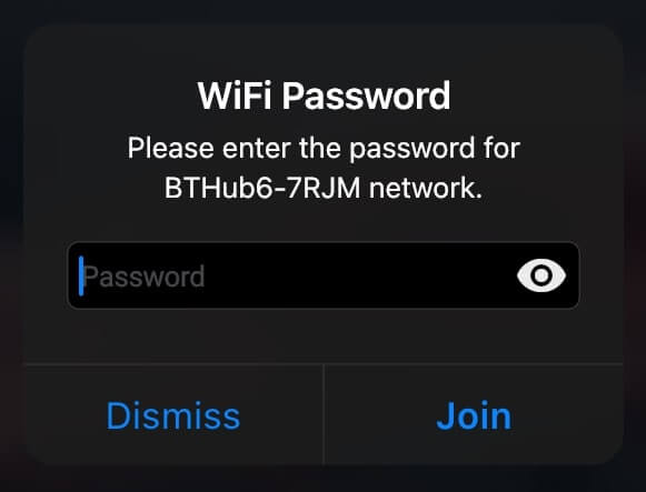 iOS application screen with WiFi password prompt