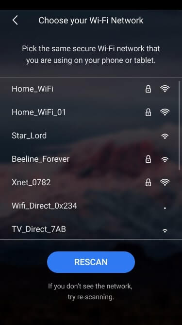 Mobile application screen with list of WiFi networks and rescan button