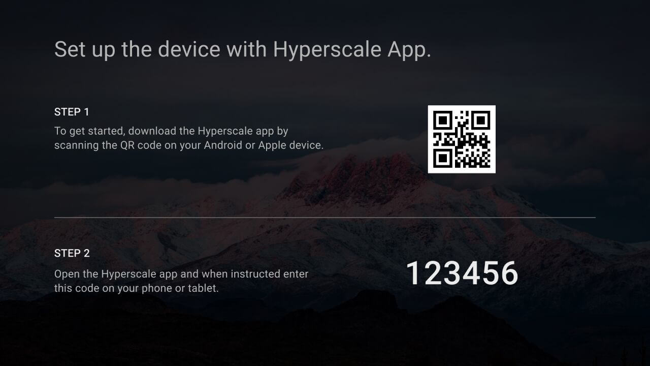 TV screen with a QR code, a 6-digit number and the title: Set up the device with Hyperscale App