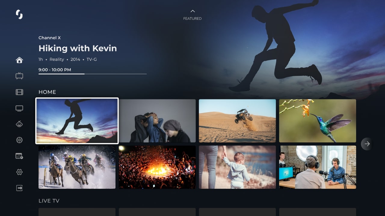 TV screen with a menu bar on the left side, a grid of channels at the bottom, synopsis of the selected channel at the top left and video at the top right